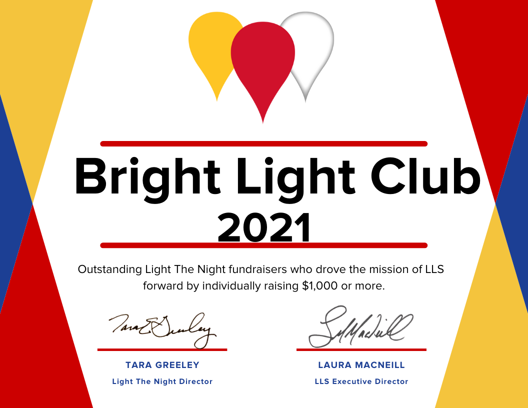 Yellow, blue, red triangle border on the left and right sides. Yellow, red, and white lantern icon centered at the top of image. Black text reads, " Bright Light Club 2021 Outstanidng Light The Night fundraisers who drove the mission of LLS forward by individually raising $1000 or more." Below the texts is a signature from Tara Greeley Light The Night Director and a signature from Laura MacNeill LLS Executive Director